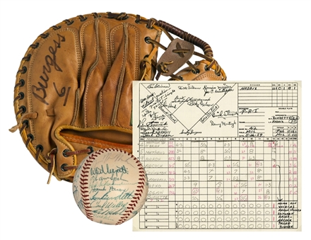 Harvey Haddix Game Used 12 Inning Perfect Items- Catchers Mitt Used by Smokey Burgess, Team and Umpires Signed Lineup Cards from the Game and Game Ball Signed By the 1959 Braves (Haddix LOA) PSA/DNA 